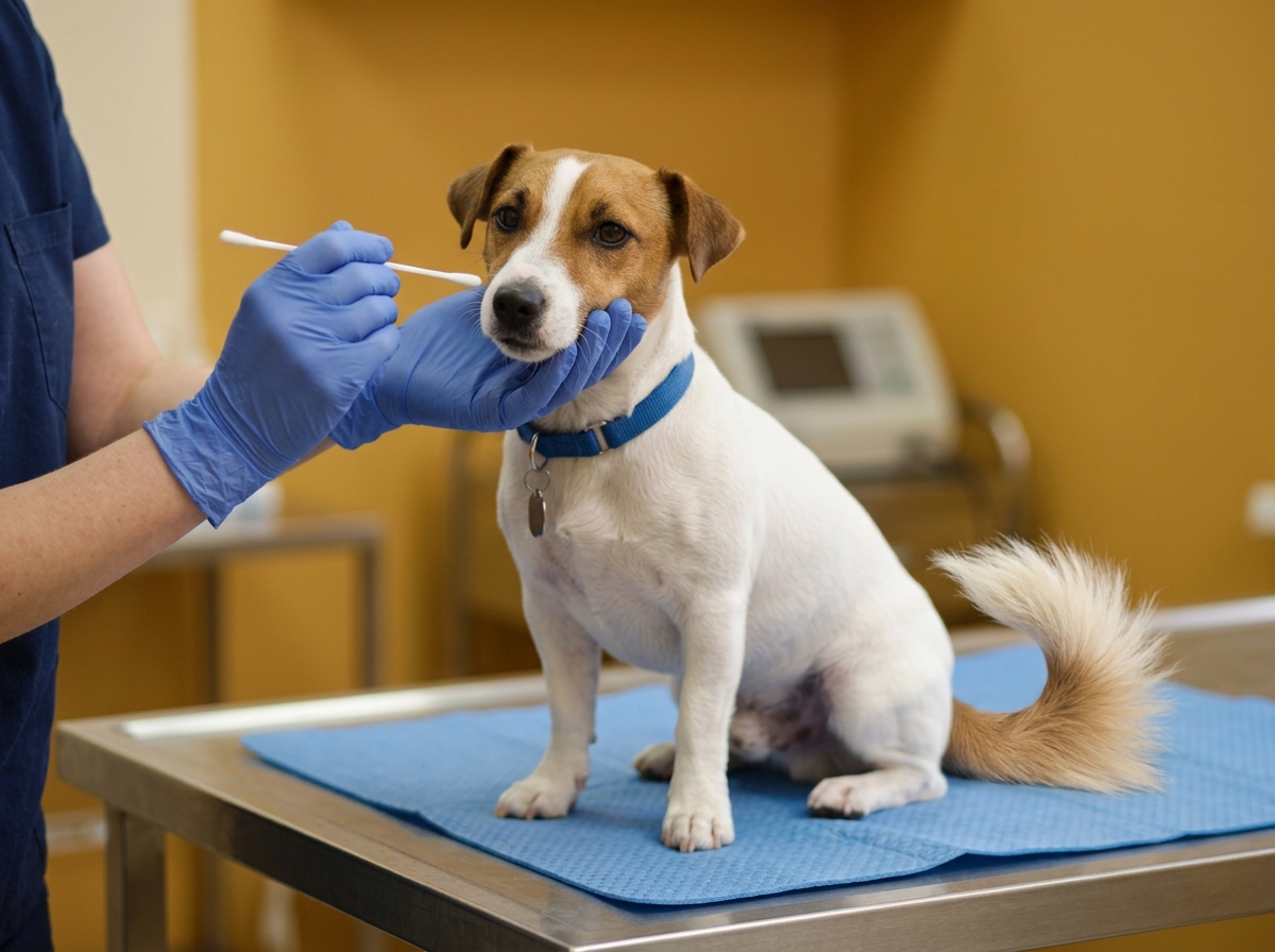 Tierärztin entnimmt einem ruhig sitzenden Jack Russell Terrier eine Speichelprobe mit einem Wattetupfer